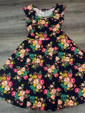 Rue21 Navy Floral Fit & Flare Skater Dress with Vibrant Pink and Yellow Blooms